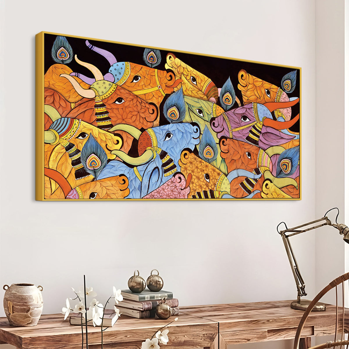 Modern Indian Folk Cow Canvas Wall Painting
