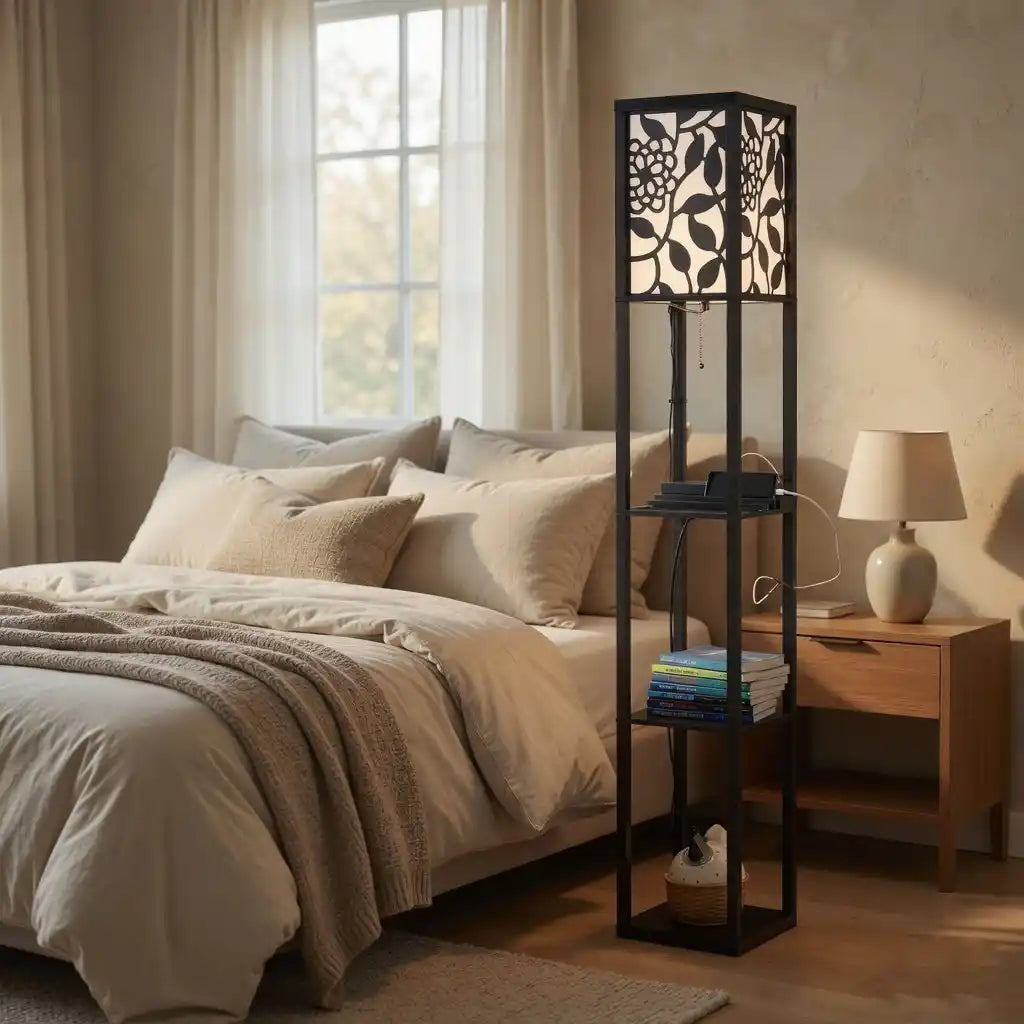 Modern Look Wooden Floor Lamp With Shelf For Living Room, Bedroom