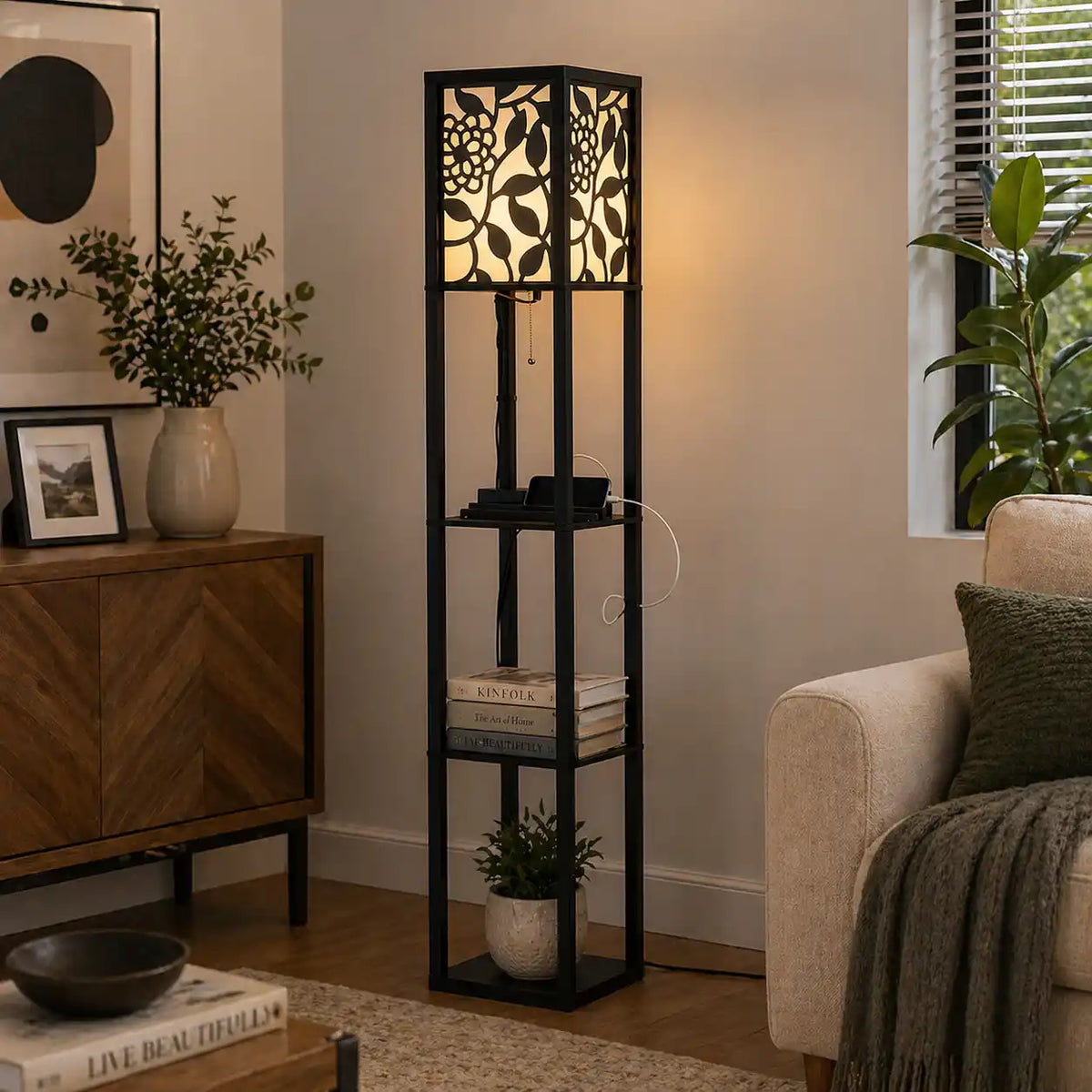 Modern Look Wooden Floor Lamp With Shelf For Living Room, Bedroom