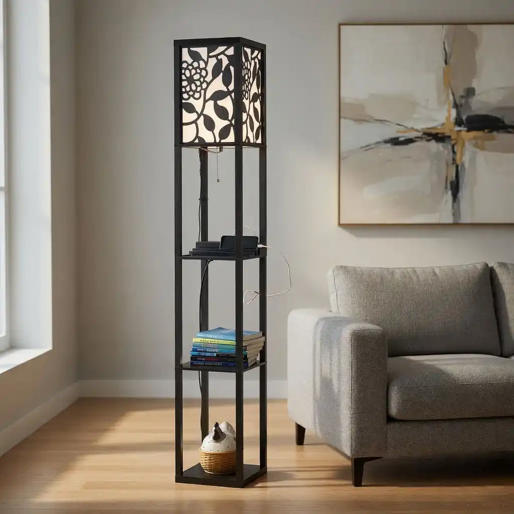 Modern Look Wooden Floor Lamp With Shelf For Living Room, Bedroom