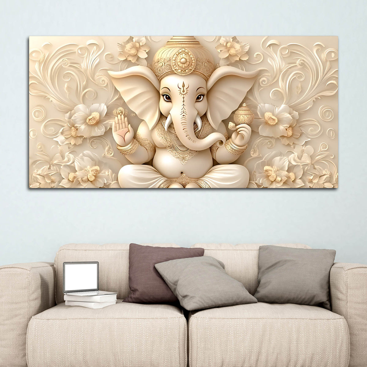 Modern Lord Ganesha Floral Canvas Painting – Auspicious Wall Art