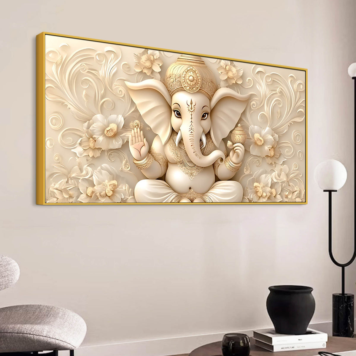 Modern Lord Ganesha Floral Canvas Painting – Auspicious Wall Art