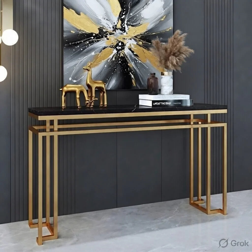 Modern Luxury Black Marble Console Table with Metal Finish