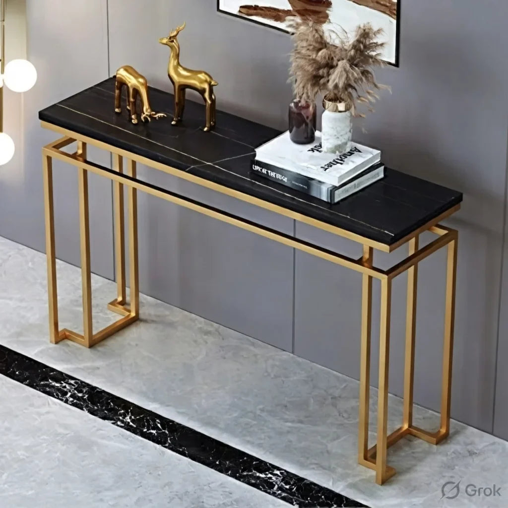 Modern Luxury Black Marble Console Table with Metal Finish