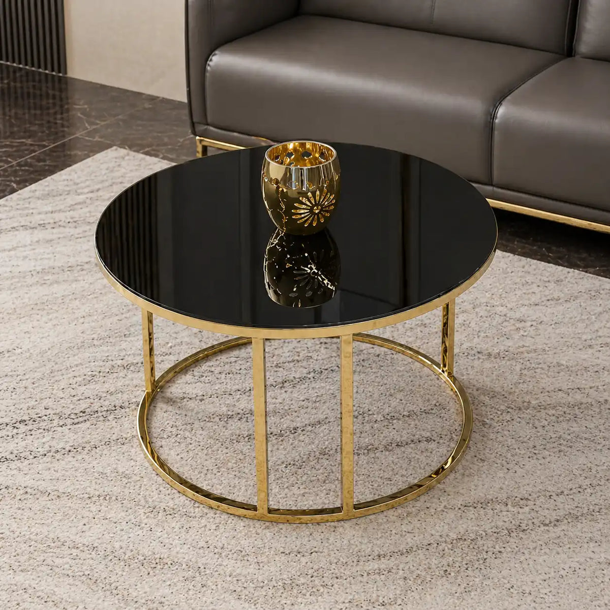 Modern Faux Marble Black Matte Finish Metal Centre Table