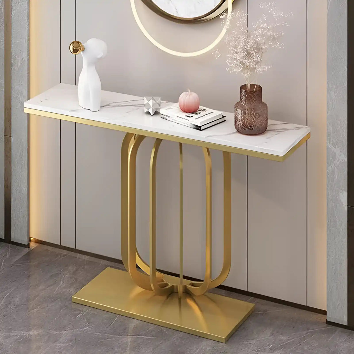 Modern Marble Console Table with Artistic Gold Vertical Loop Base