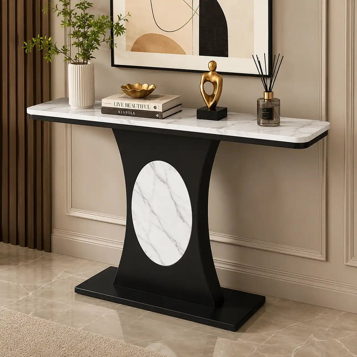 Modern Marble Console Table with Black Base and Circular Marble Accent
