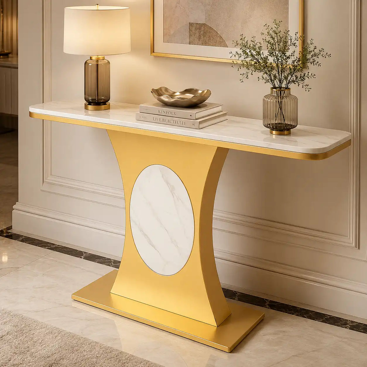 Modern Marble Console Table with Gold Base and Circular Marble Accent