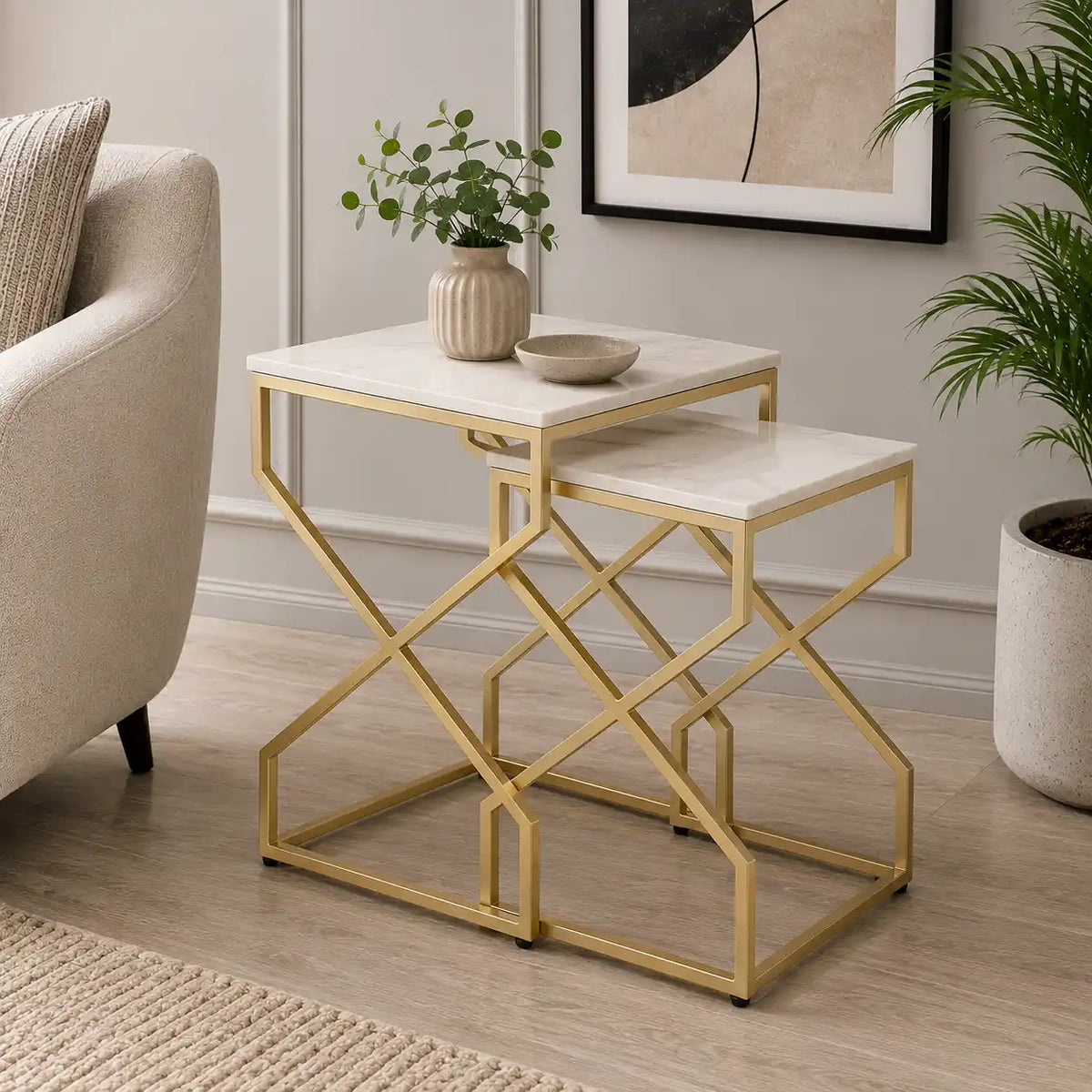 Modern Marble Top Nested Table with Stylish Frame