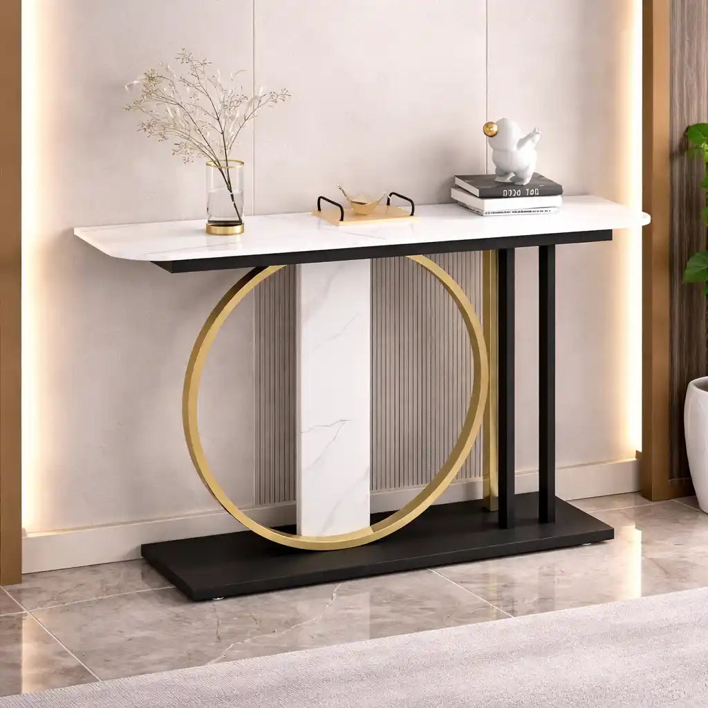 Modern Minimalist Console with Gold Ring and Marble Panel