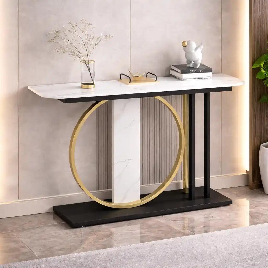 Modern Minimalist Console with Gold Ring and Marble Panel