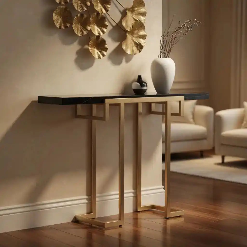Modern Narrow Console Table with Gold Frame and Marble Top