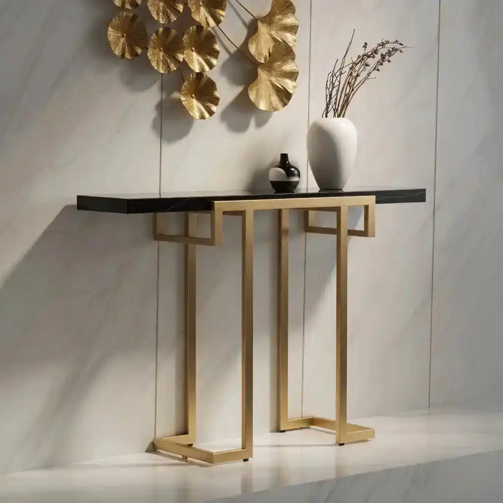 Modern Narrow Console Table with Gold Frame and Marble Top