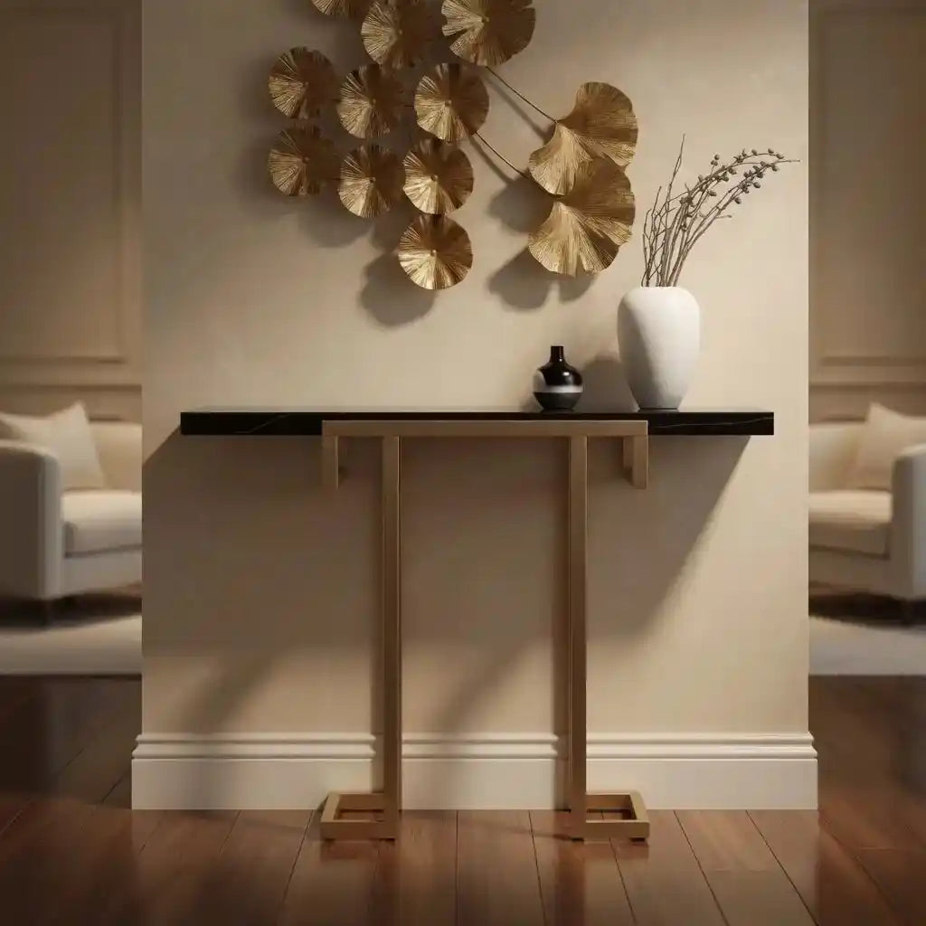 Modern Narrow Console Table with Gold Frame and Marble Top