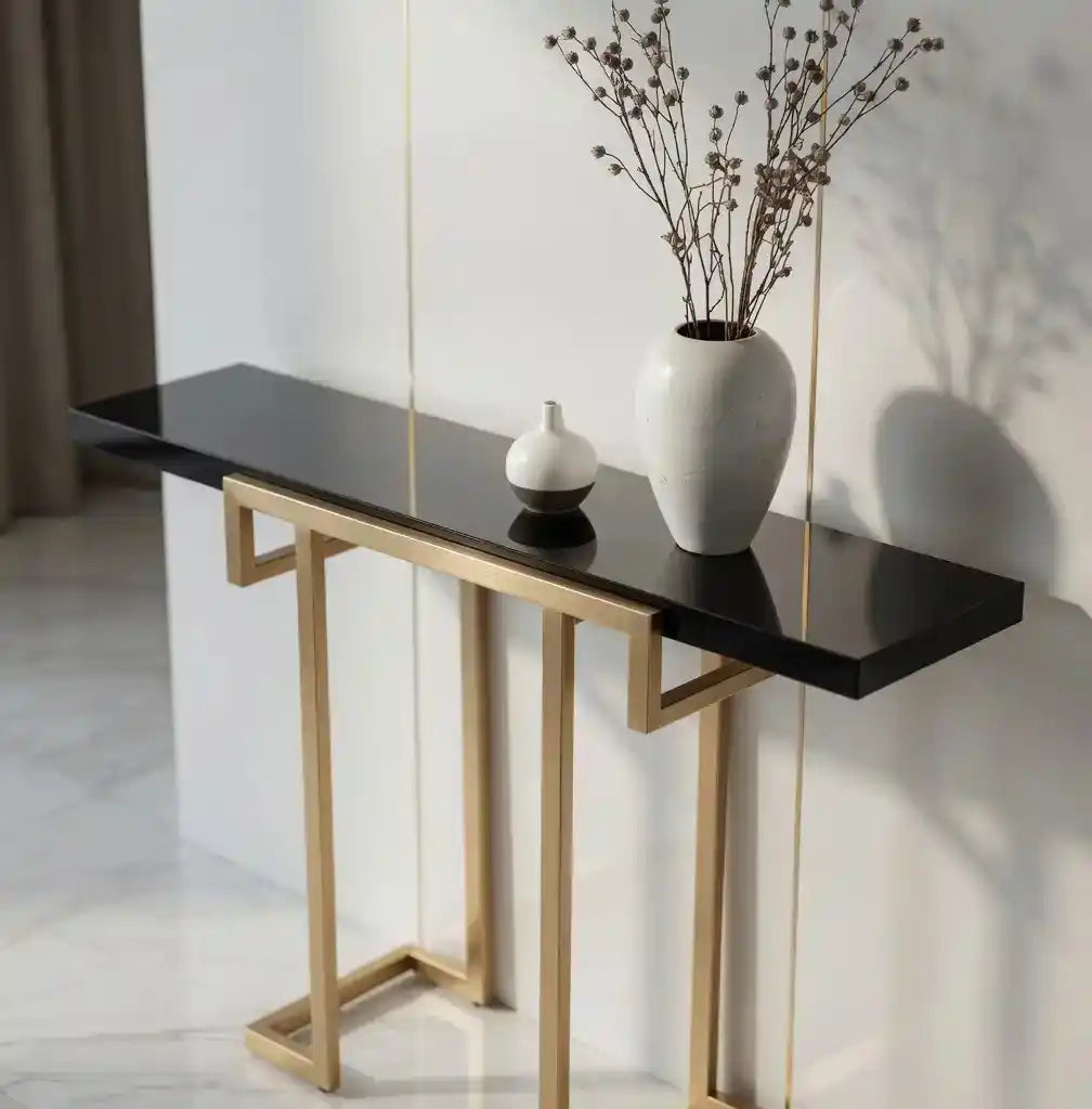 Modern Narrow Console Table with Gold Frame and Marble Top