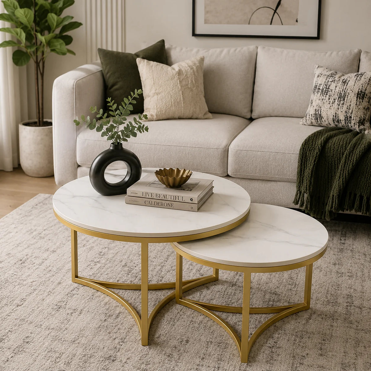 Modern Nesting Coffee Table Set of 2 with White Marble Top & Gold Metal Frame