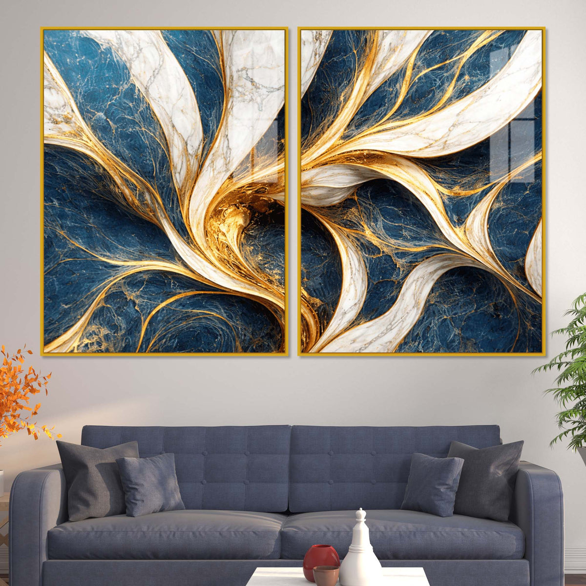 Modern Ocean Blue & Golden Marble Flow Acrylic Floating Wall Painting Set of 2