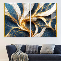 Modern Ocean Blue & Golden Marble Flow Acrylic Floating Wall Painting Set of 2