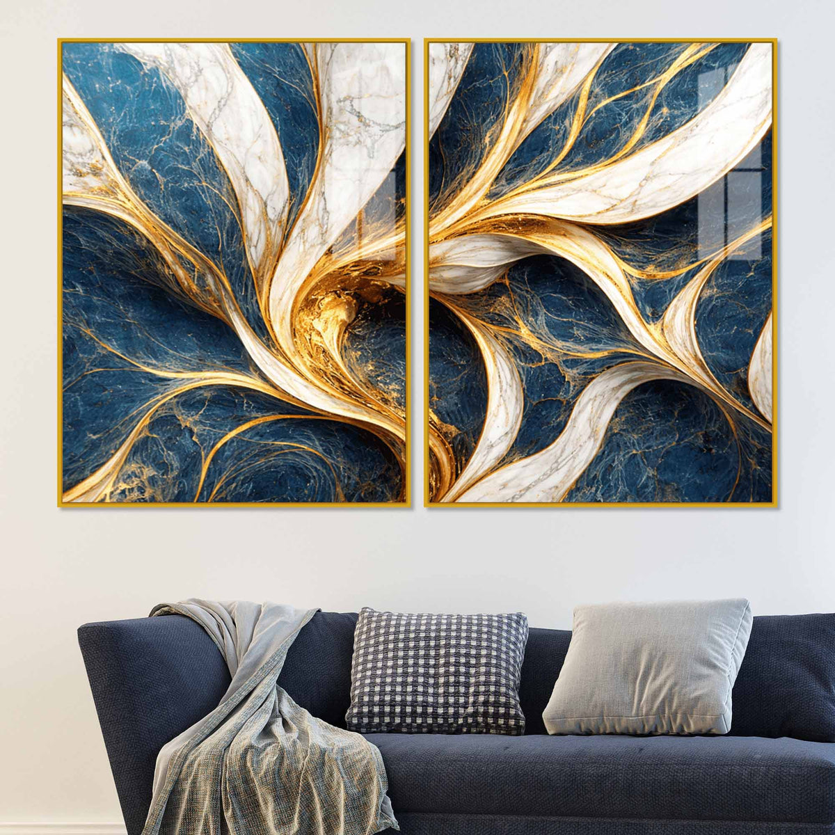 Modern Ocean Blue & Golden Marble Flow Acrylic Floating Wall Painting Set of 2