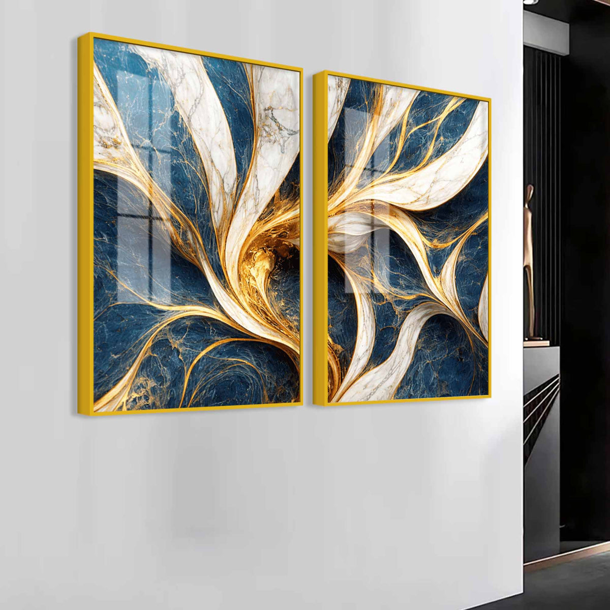 Modern Ocean Blue & Golden Marble Flow Acrylic Floating Wall Painting Set of 2