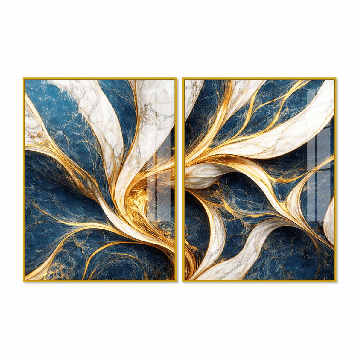 Modern Ocean Blue & Golden Marble Flow Acrylic Floating Wall Painting Set of 2