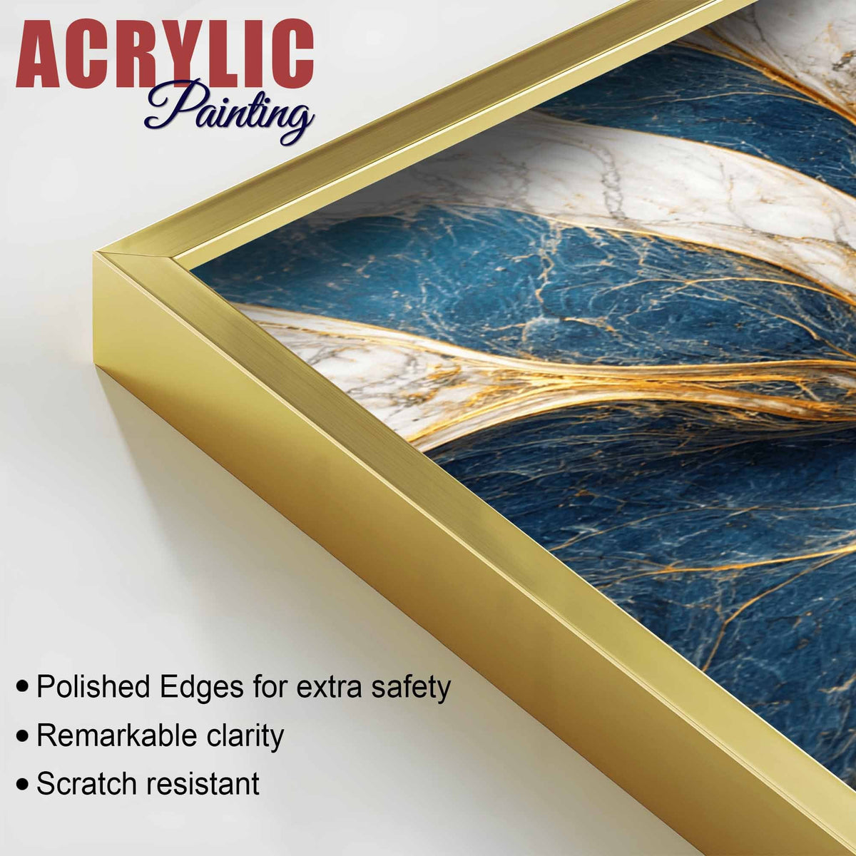 Modern Ocean Blue & Golden Marble Flow Acrylic Floating Wall Painting Set of 2