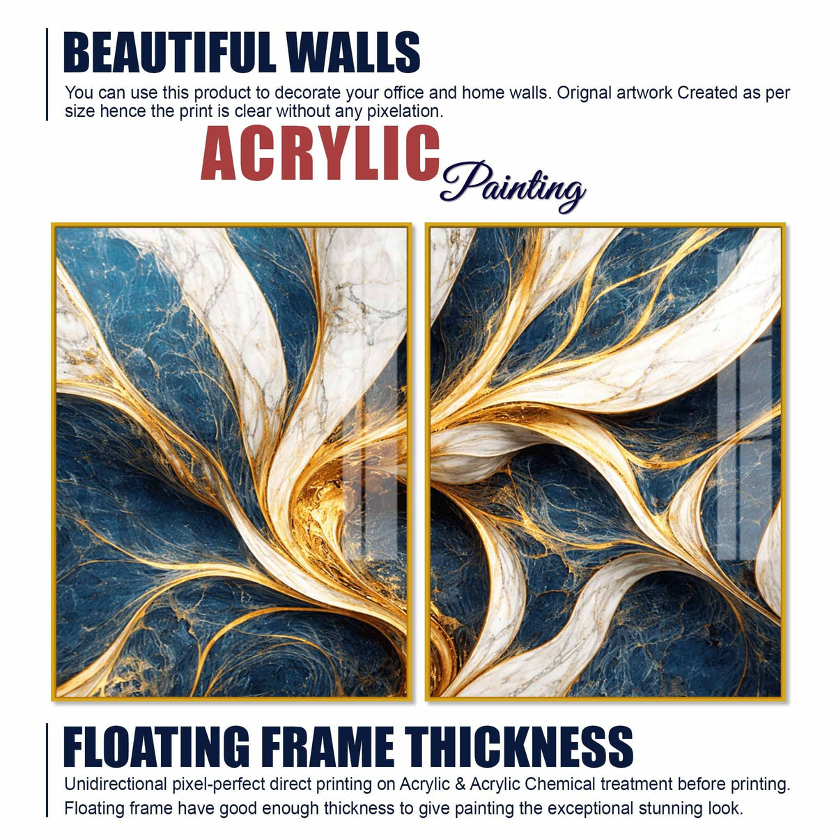 Modern Ocean Blue & Golden Marble Flow Acrylic Floating Wall Painting Set of 2