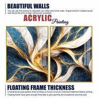 Modern Ocean Blue & Golden Marble Flow Acrylic Floating Wall Painting Set of 2