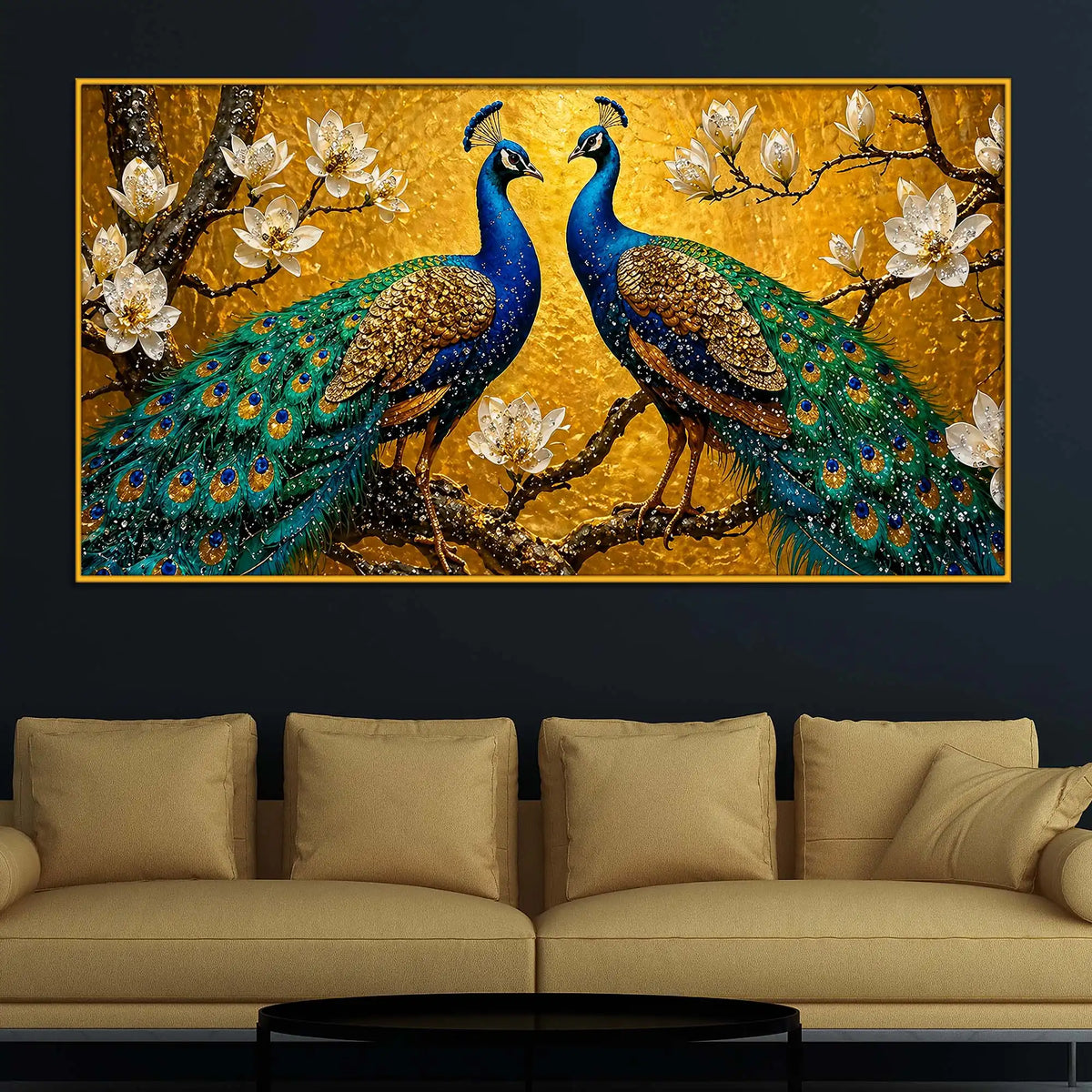 Modern Peacock Pair Floating Frame Crystal Wall Painting for Home Decor