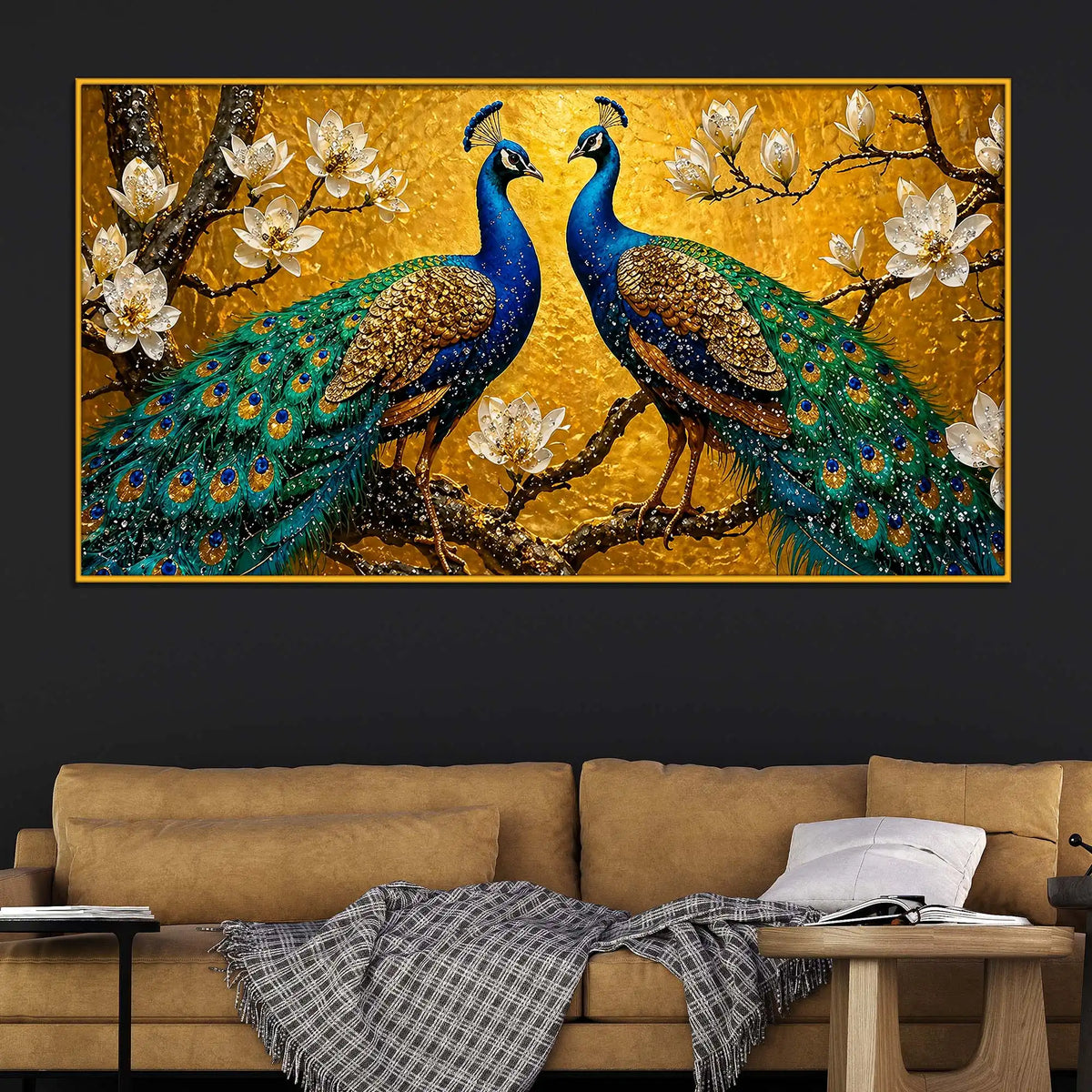 Modern Peacock Pair Floating Frame Crystal Wall Painting for Home Decor