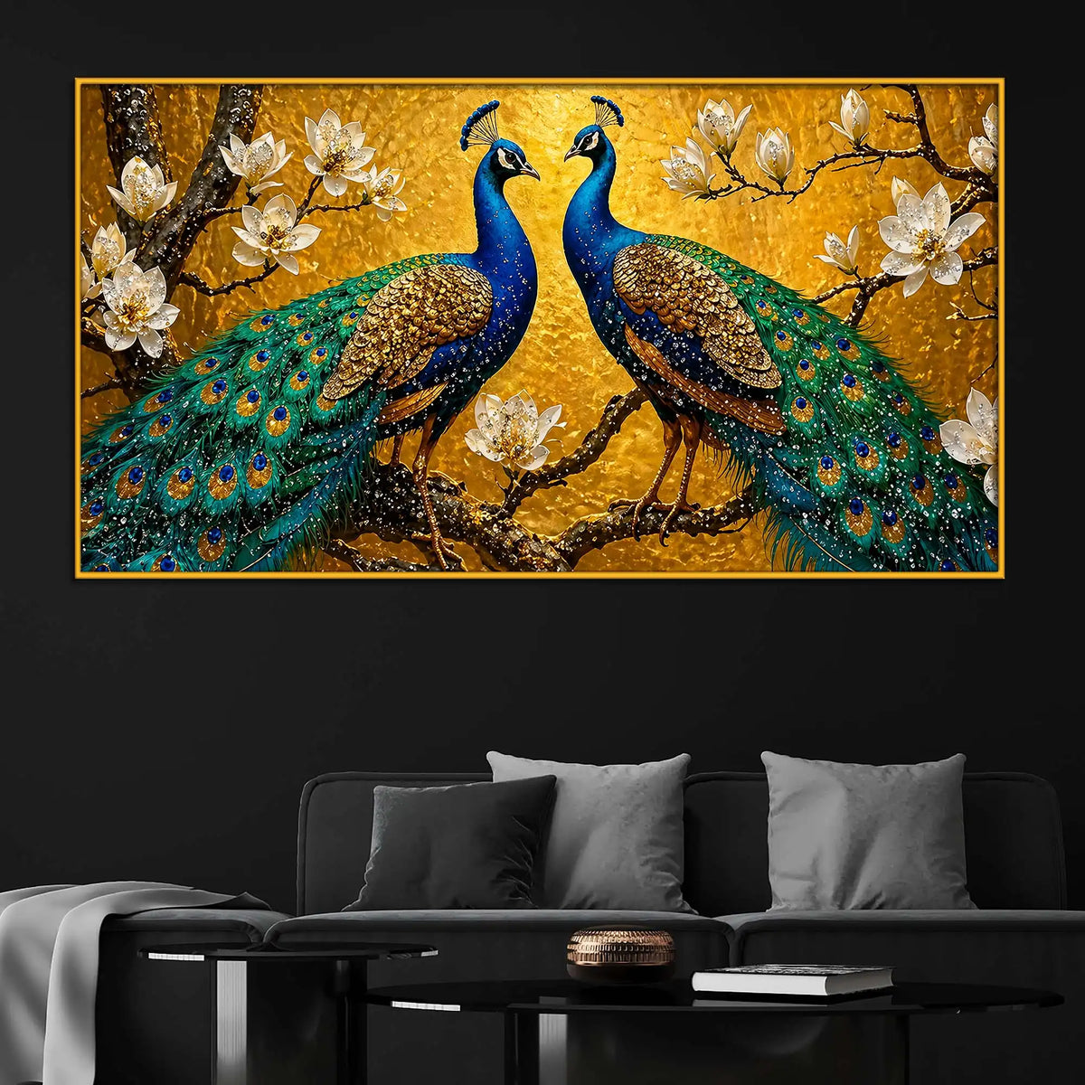 Modern Peacock Pair Floating Frame Crystal Wall Painting for Home Decor