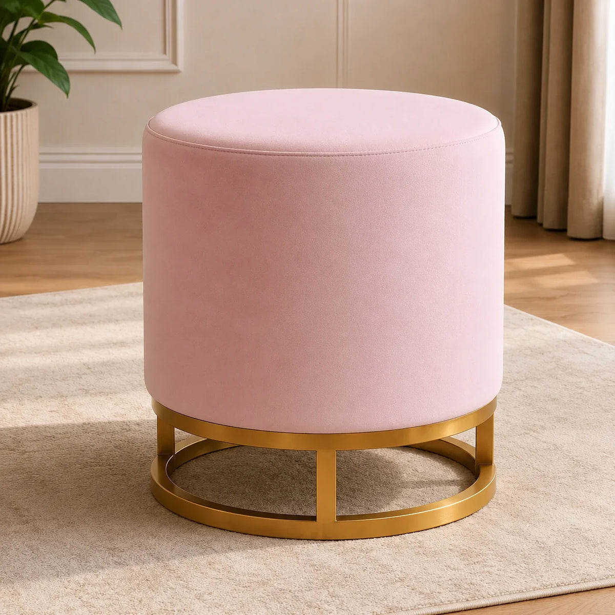 Modern Pink Accent Stool with Brass Golden Finish Metal Frame