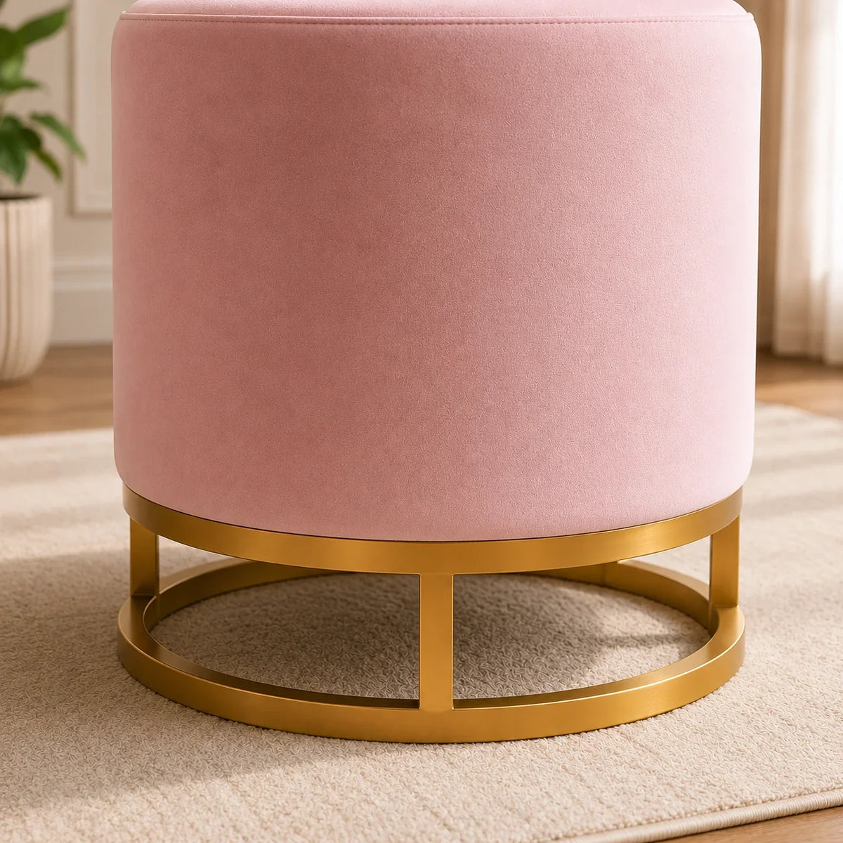 Modern Pink Accent Stool with Brass Golden Finish Metal Frame