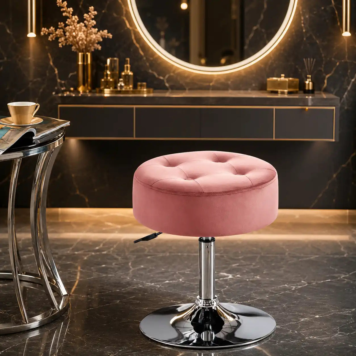 Modern Pink Adjustable Vanity Stool with Tufted Cushion