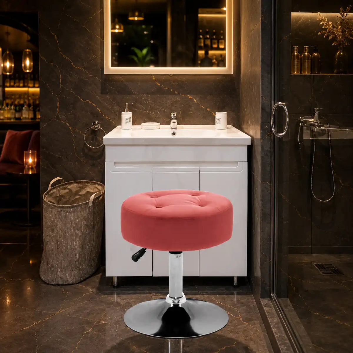 Modern Pink Adjustable Vanity Stool with Tufted Cushion