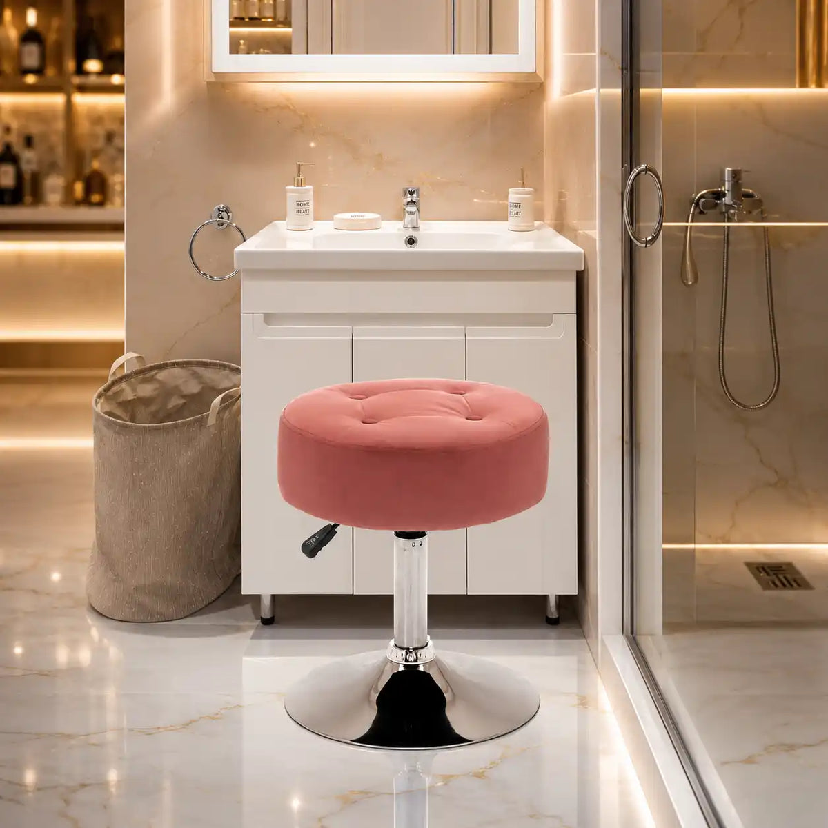 Modern Pink Adjustable Vanity Stool with Tufted Cushion