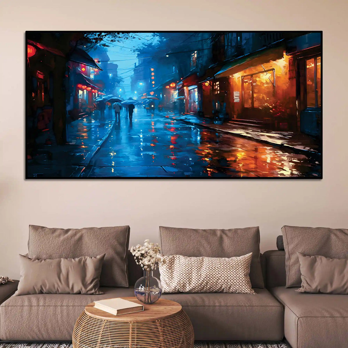 Modern Rainy Night Street Canvas Painting for Elegant Interiors