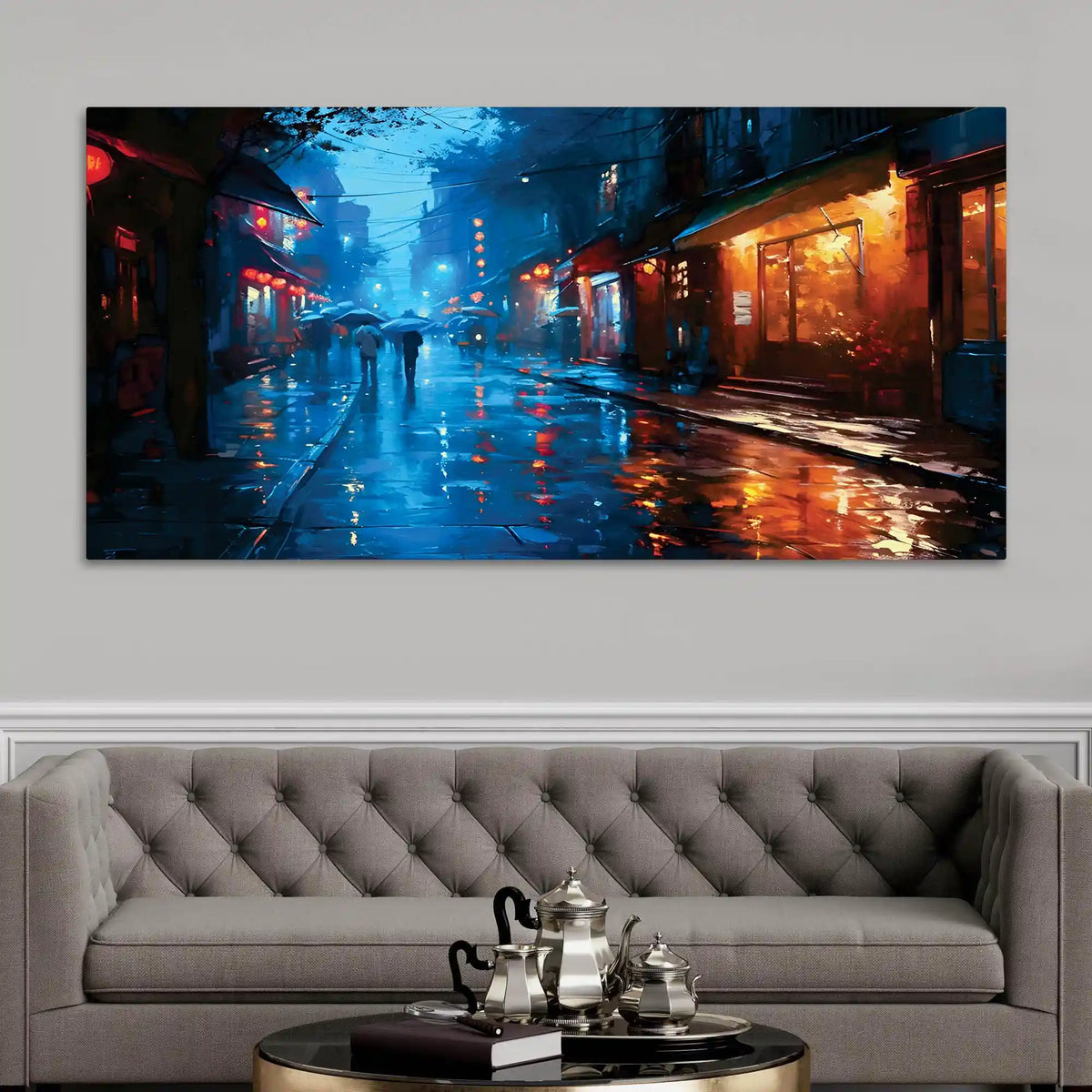 Modern Rainy Night Street Canvas Painting for Elegant Interiors