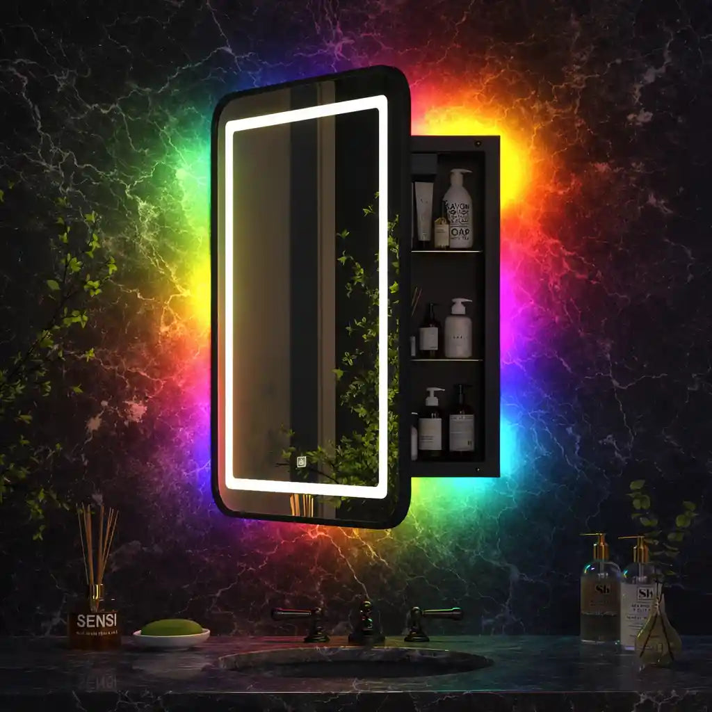 Modern RGB Mirror Cabinet with Ambient Glow and Storage