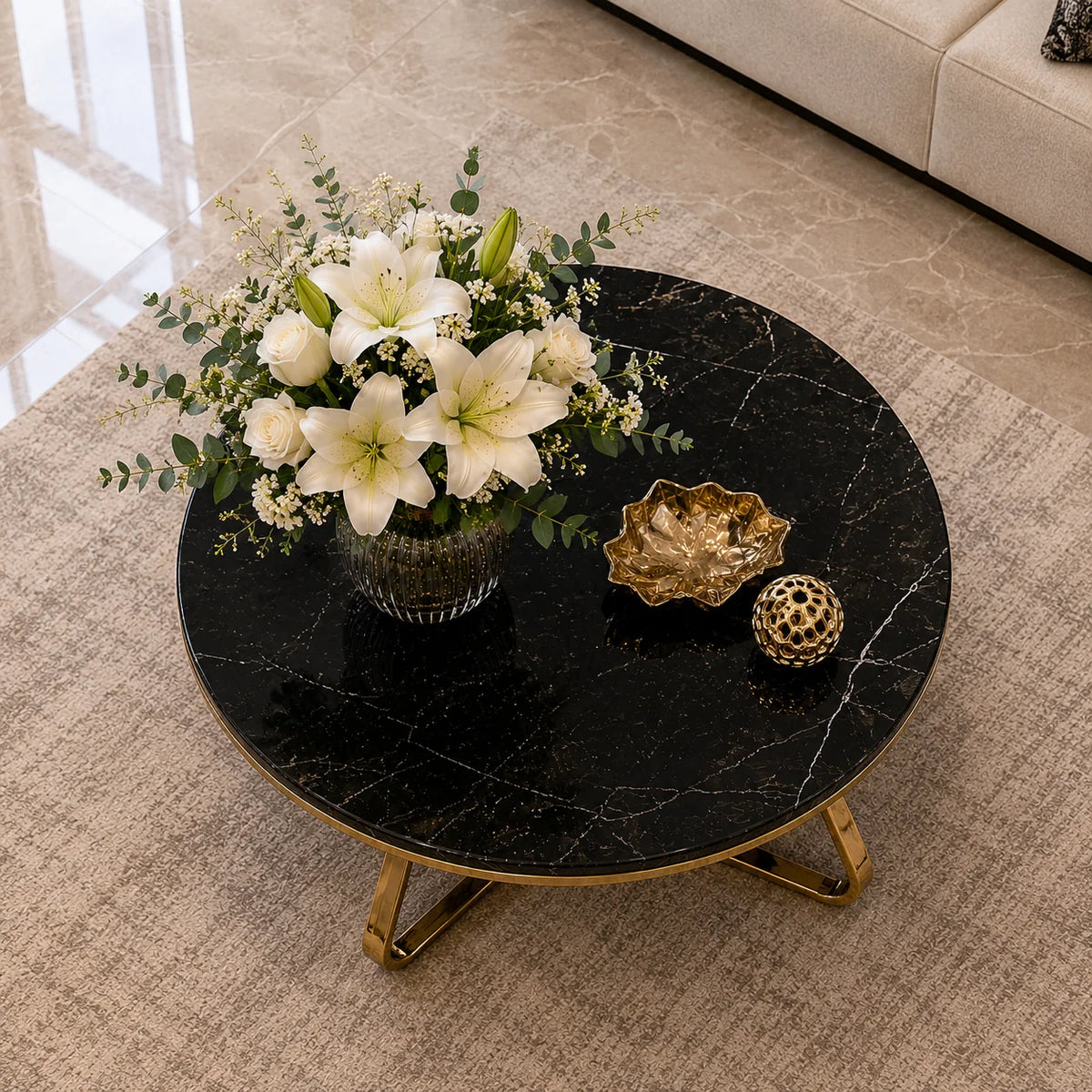 Modern Round Center Table with Black Marble Top and Gold Base