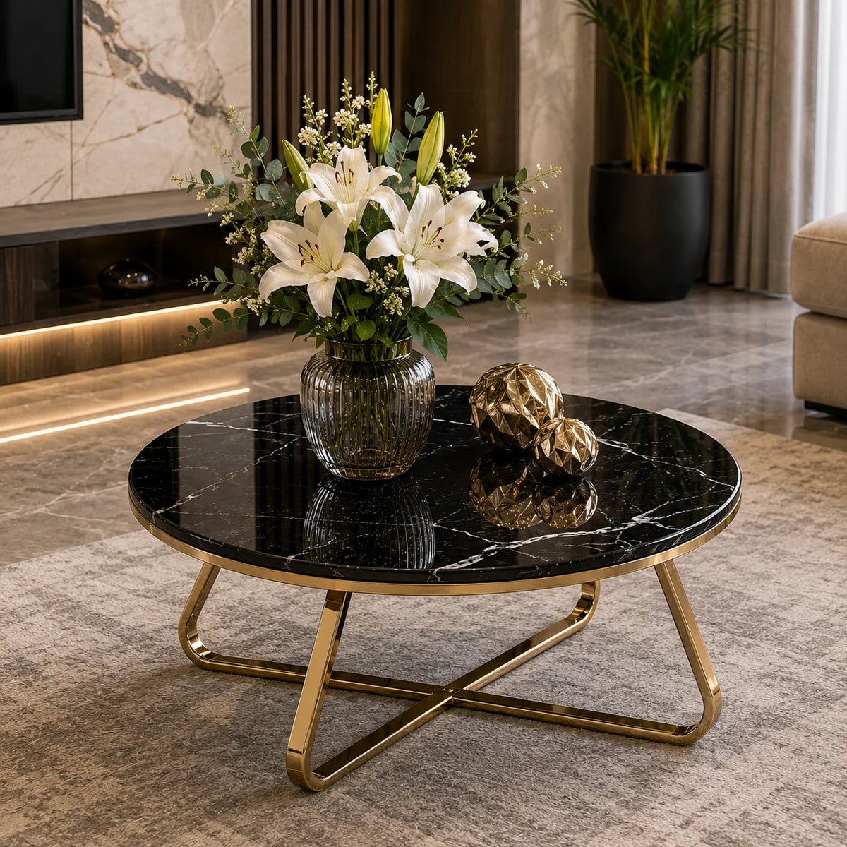 Modern Round Center Table with Black Marble Top and Gold Base
