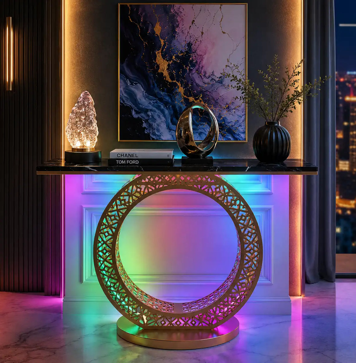 Modern Round LED Console Table in Gold | Entryway Furniture (SS 302)