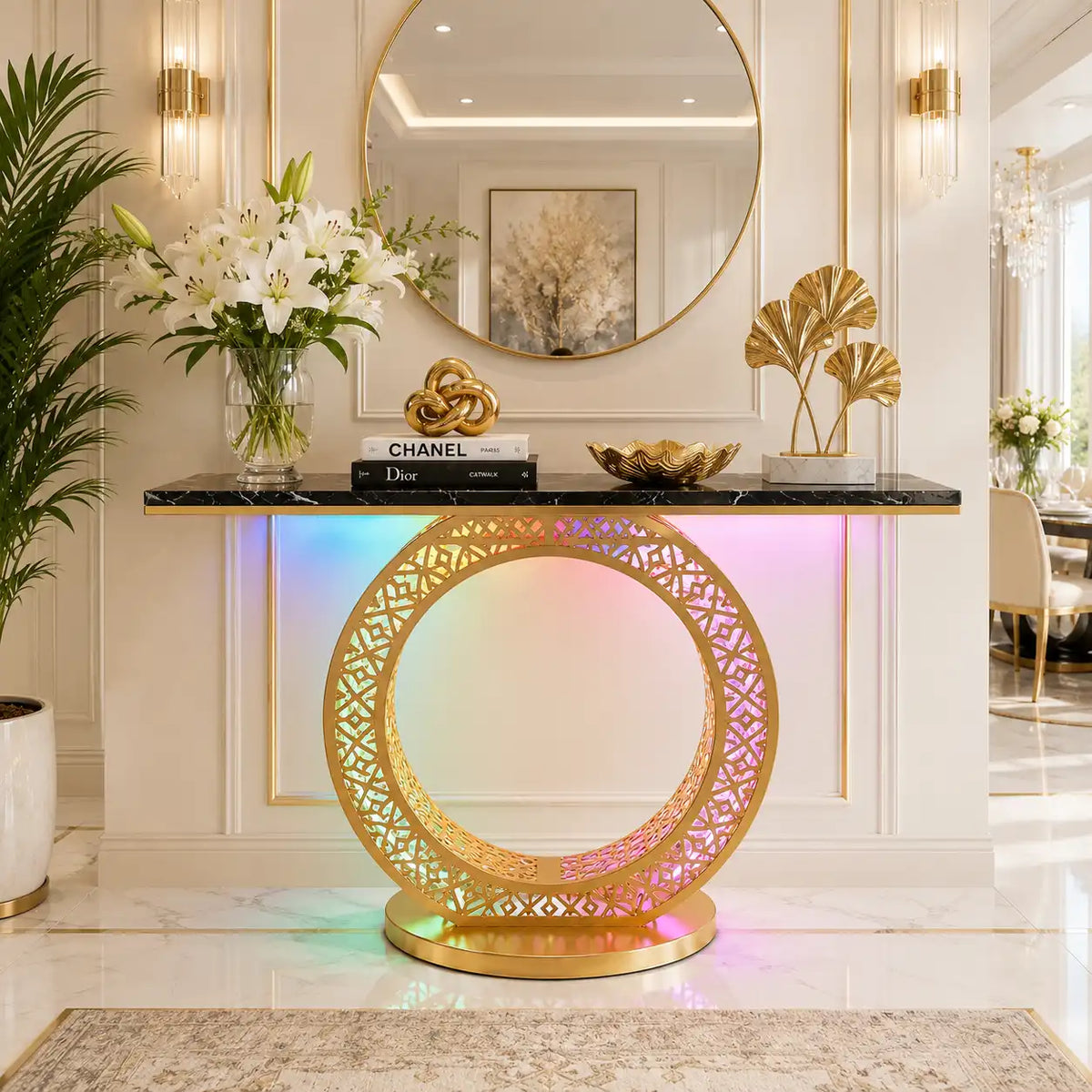 Modern Round LED Console Table in Gold | Entryway Furniture (SS 302)