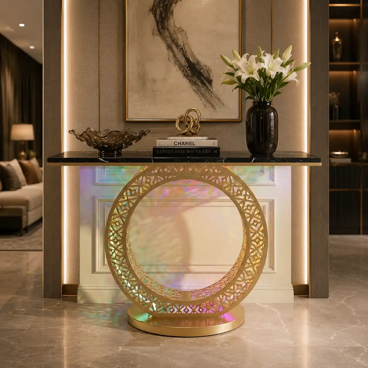 Modern Round LED Console Table in Gold | Entryway Furniture (SS 302)
