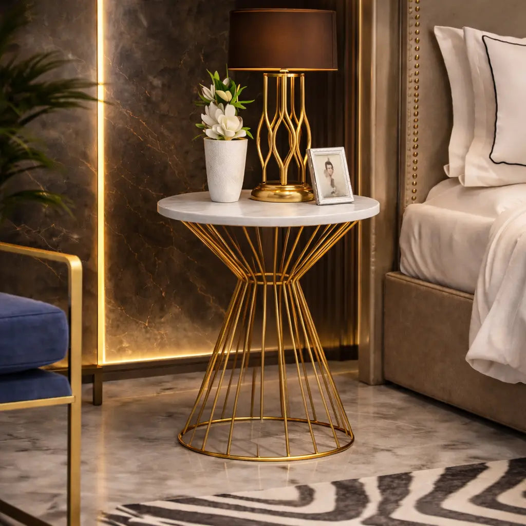 Modern Round Side Table with White Marble Top