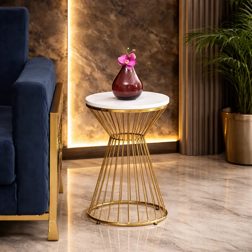 Modern Round Side Table with White Marble Top