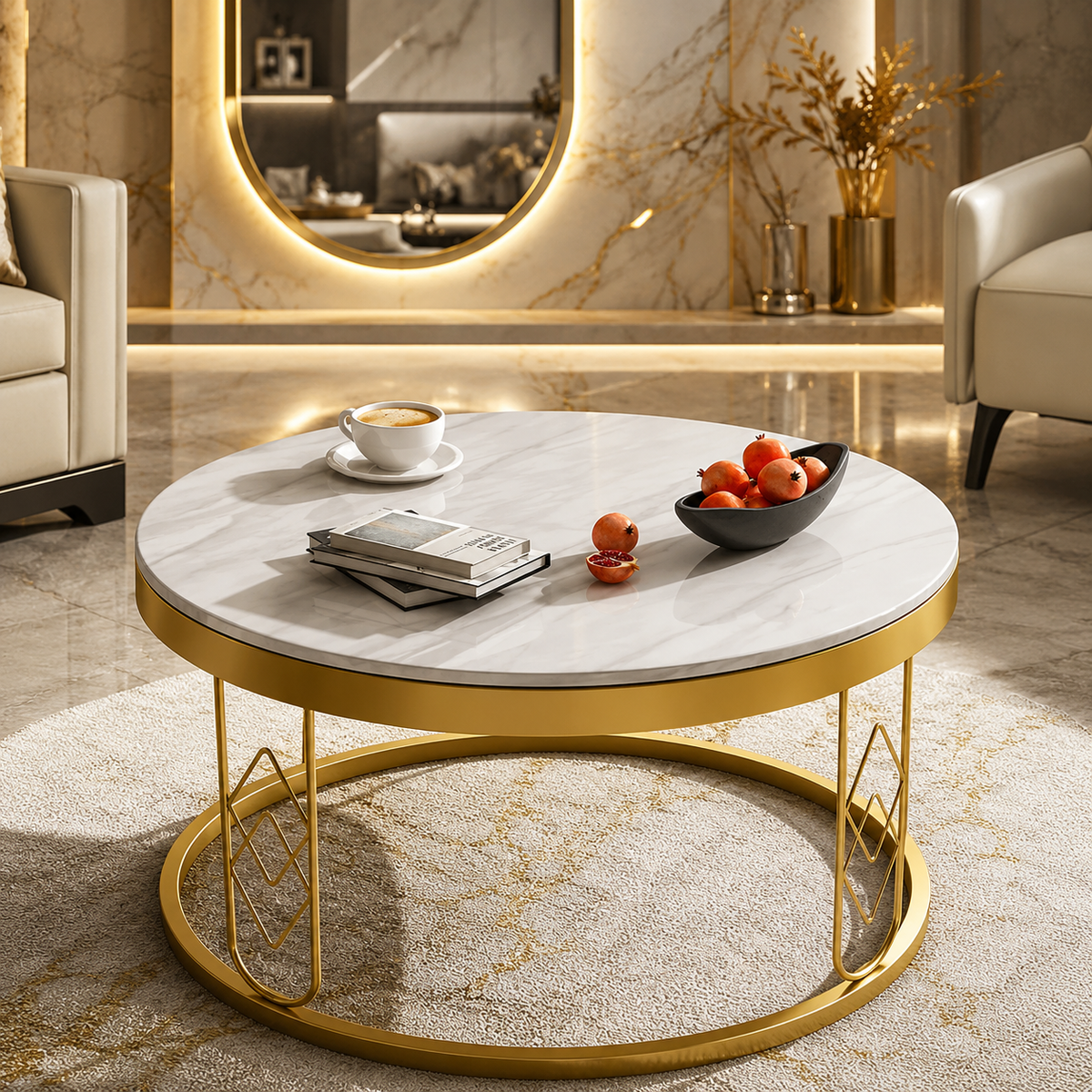 Modern Round White Marble Golden Center Table