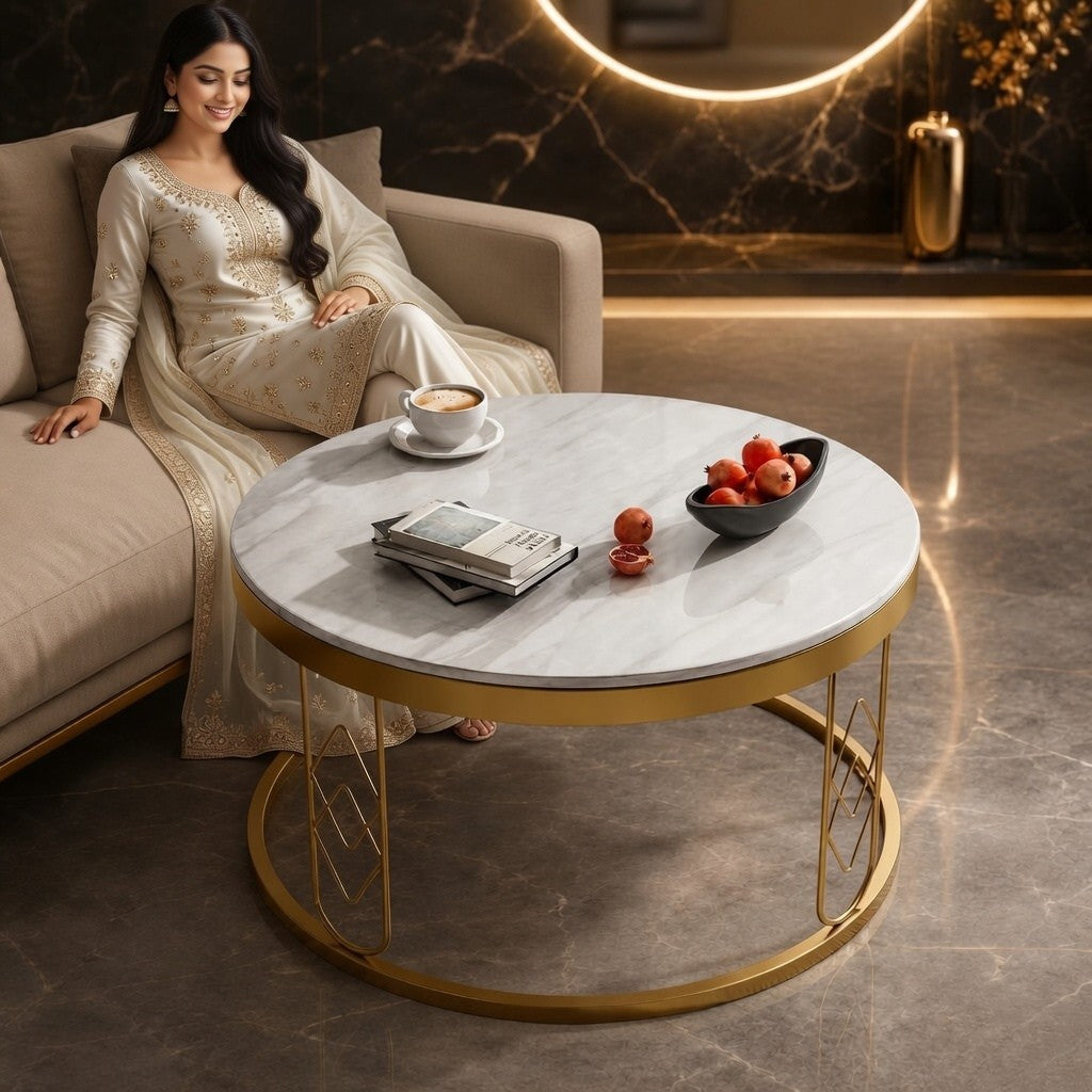 Modern Round White Marble Golden Center Table