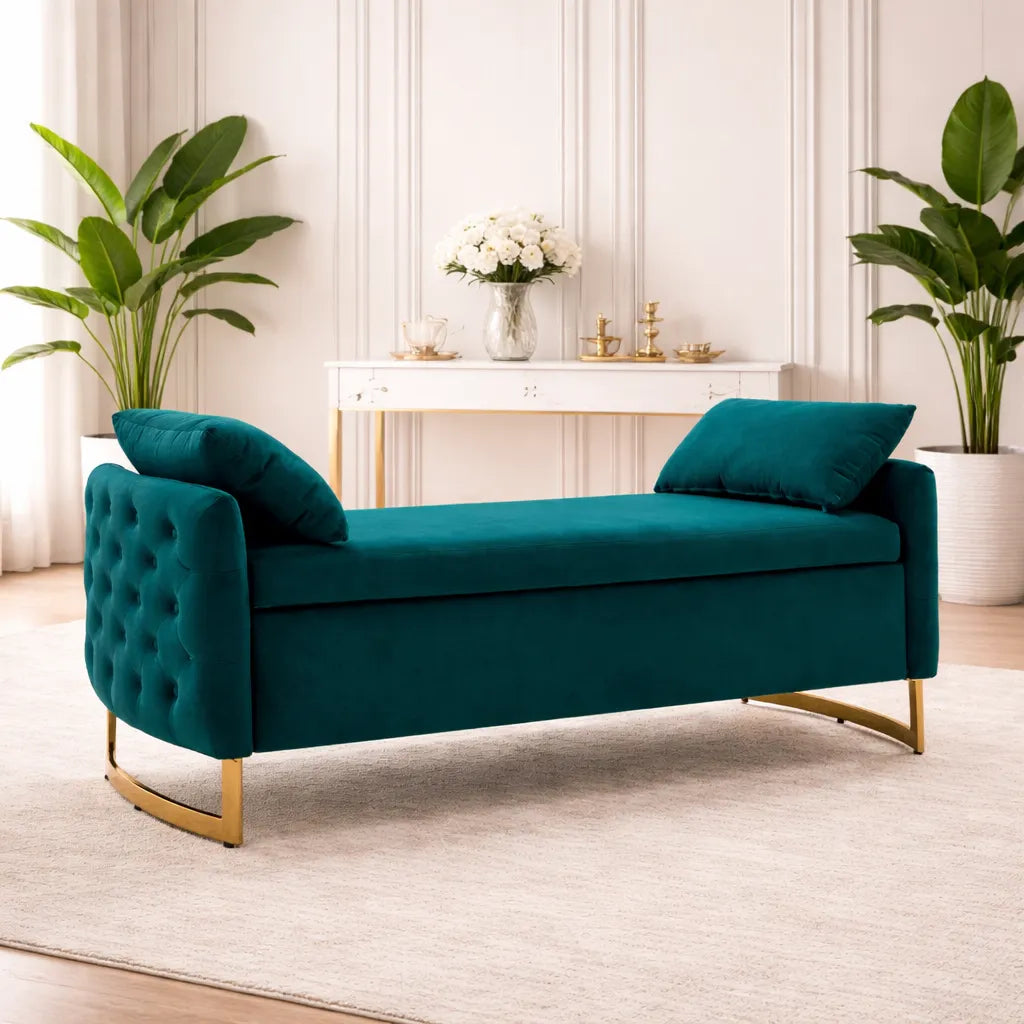 Modern Royal Blue Upholstered Storage Bench with Gold Legs