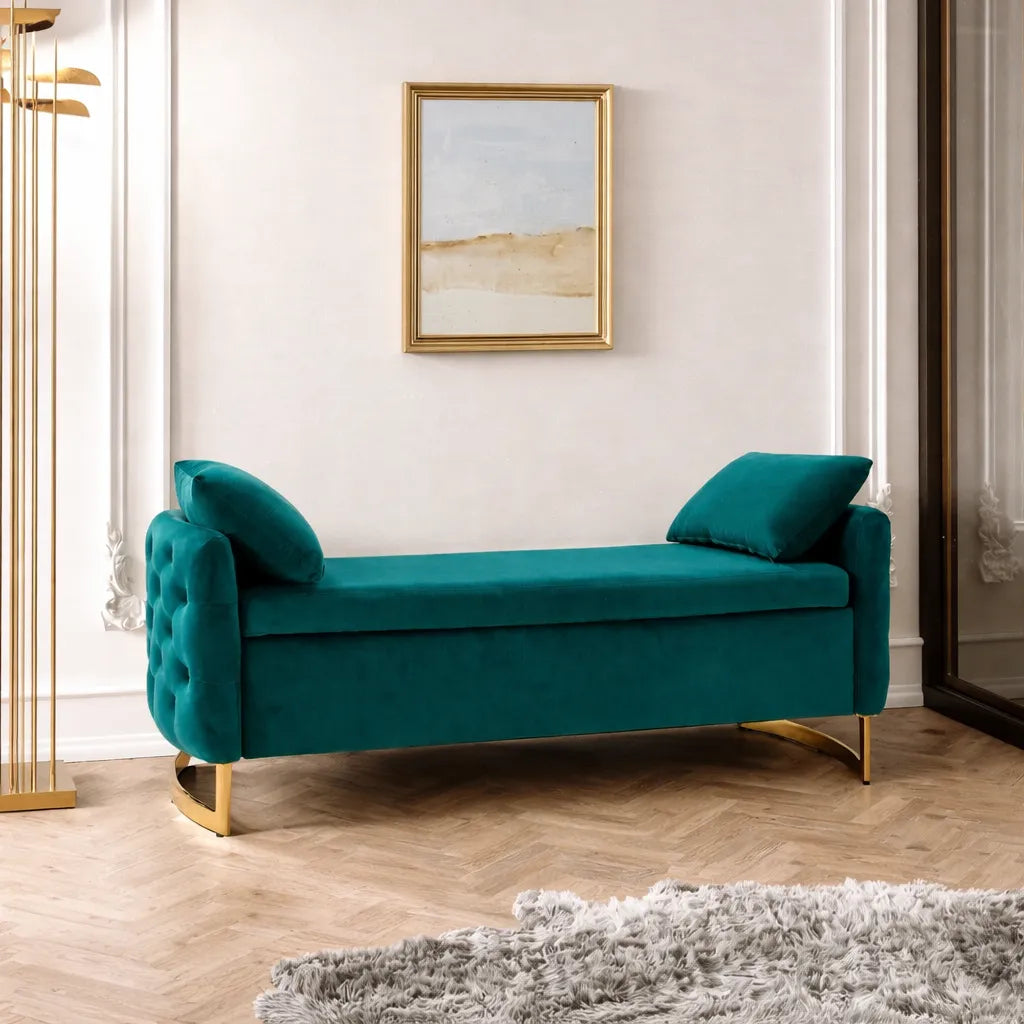 Modern Royal Blue Upholstered Storage Bench with Gold Legs